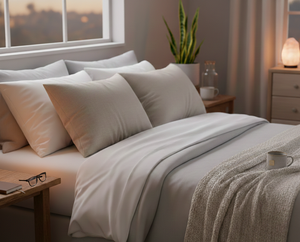 Klidná ložnice s ustlanou postelí, tlumeným světlem a přirozeným prostředím podporujícím kvalitní spánek a spánkovou hygienu.